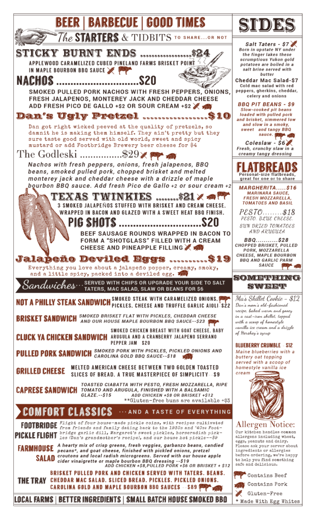 Old-fashioned red-on-brown restaurant menu board featuring beer, barbecue, and sides with doodles and decorative fonts.