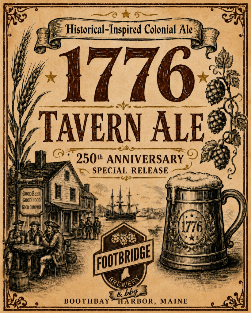 1776 Tavern Ale historical-inspired colonial ale poster from Footbridge Brewery in Boothbay Harbor, Maine