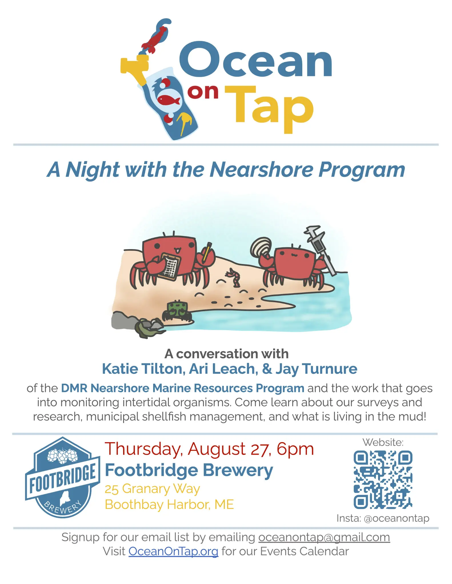 Logo for 'Ocean on Tap' event featuring a cartoon crab and beer tap, with the subtitle 'A Night with the Nearshore Program'.