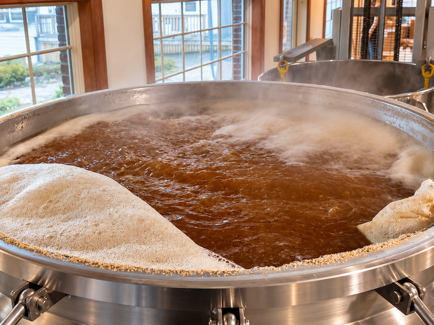 Beer brewing in a steaming kettle at Footbridge Brewery in Boothbay Harbor.